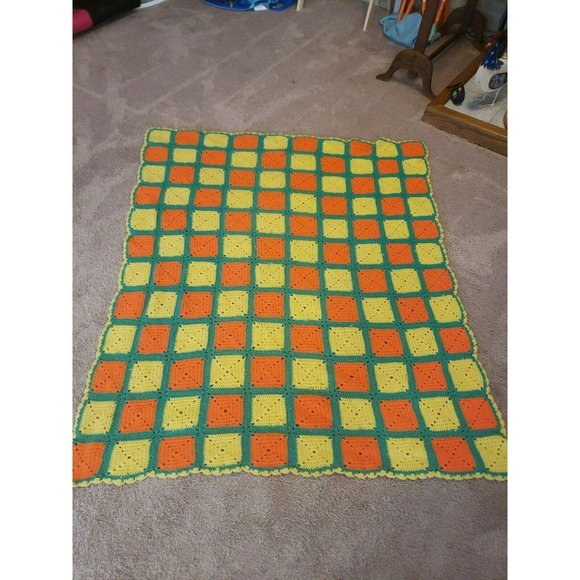 Vintage‎ Orange Yellow green 67"x53" Afghan Throw Blanket Handmade Knit Crochet - Picture 1 of 9